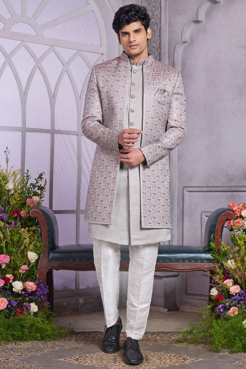 Light Grey Silk Blend Embroidered Men's Sherwani for Wedding
