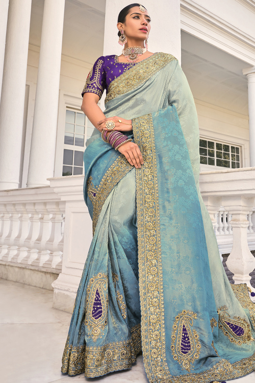 Light Grey Silk Blend Embroidered Saree For Wedding 