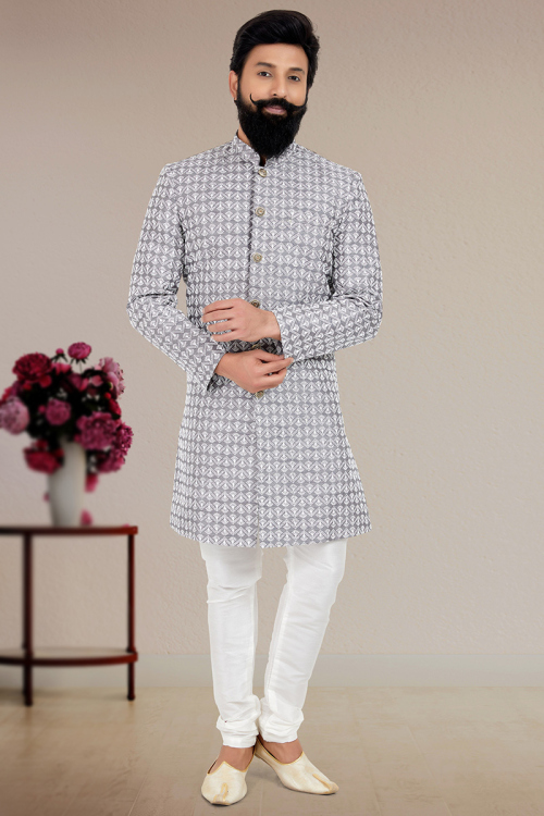 ght Grey Silk Sherwani with Resham Thread Embroidery