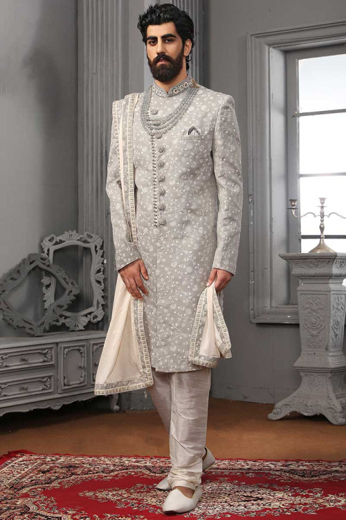 Light Grey Silk Embroidered Men Sherwani With Churidar And Stole