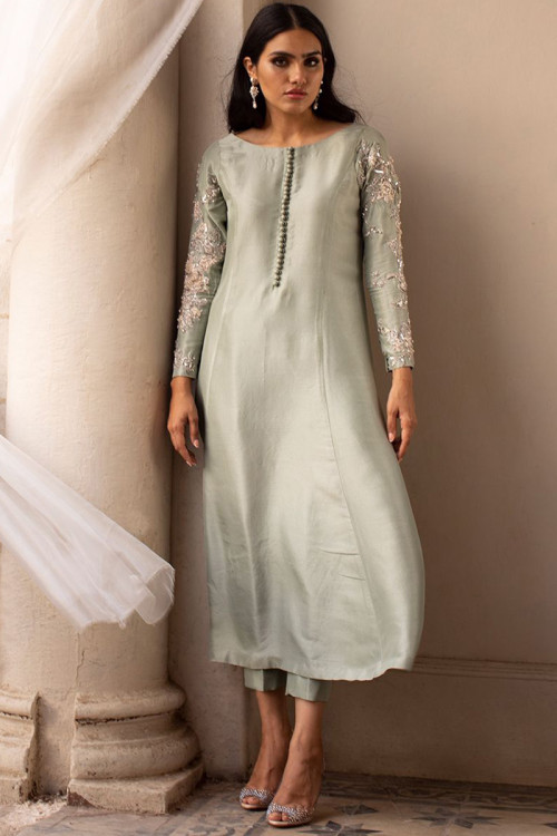 Trouser Suit in Silk Light Grey with Resham Embroidery for Party 