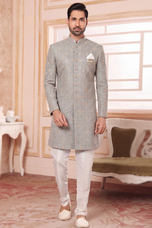 sachin and babi light blue dress Ivory Embroidered Bandhgala Set for Men – Engagement & Cocktail Wear – Rim  Zim Fashion main image 0