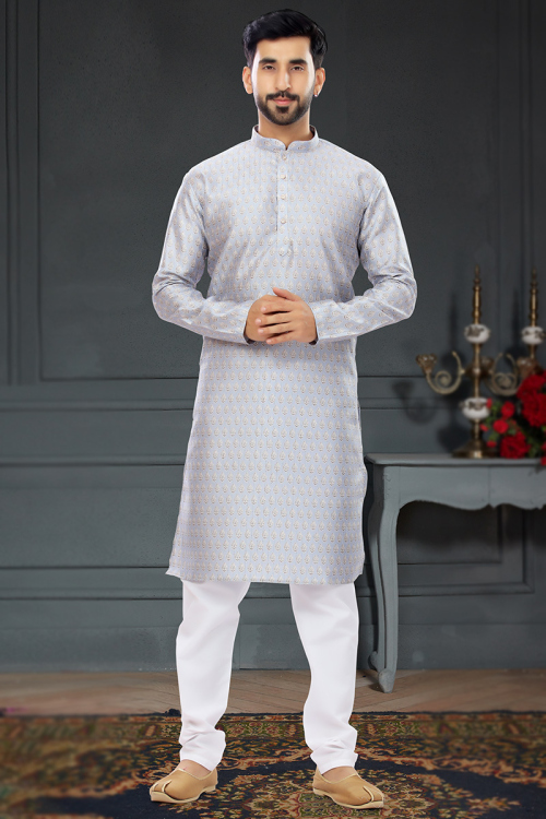 Light Grey Silk Men Kurta Pajama