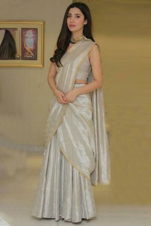 Light Grey Silk Saree Style Party Wear Lehenga