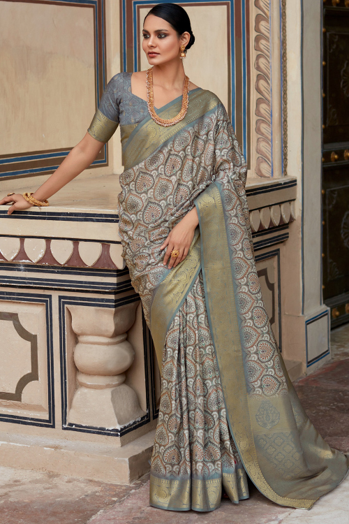 Light Grey Silk Saree with Zari Work for Festive Season