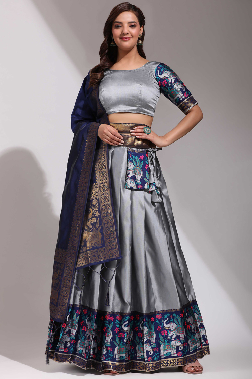 Light Grey Silk Weaved A Line Lehenga 