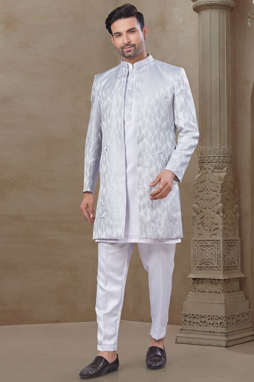 Light Grey Silk Weaved Thread Jacket Style Men's Kurta Pajama 