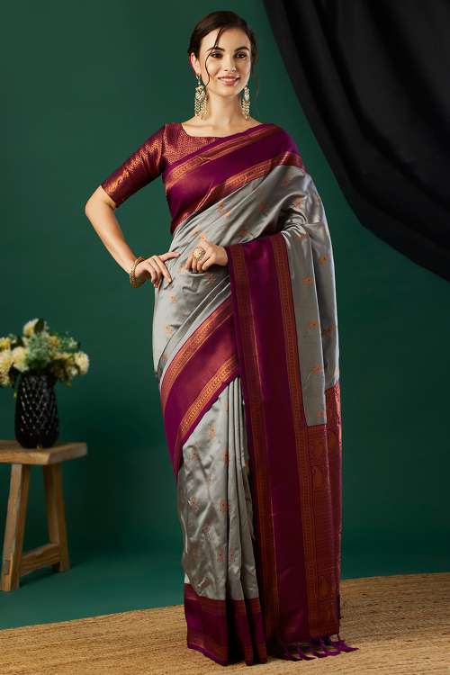 Light Grey Silk Woven Zari Saree with Broad Borders