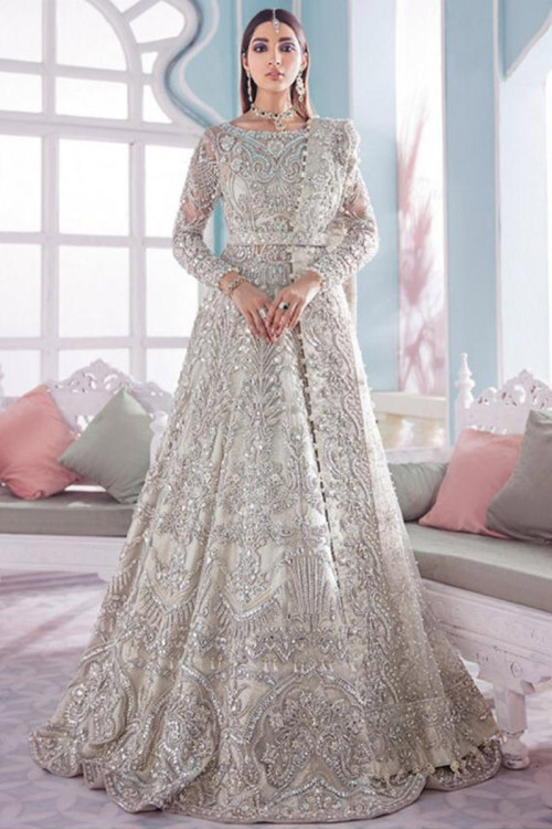 Light Grey Silver Zari Embroidered Net Anarkali Suit
