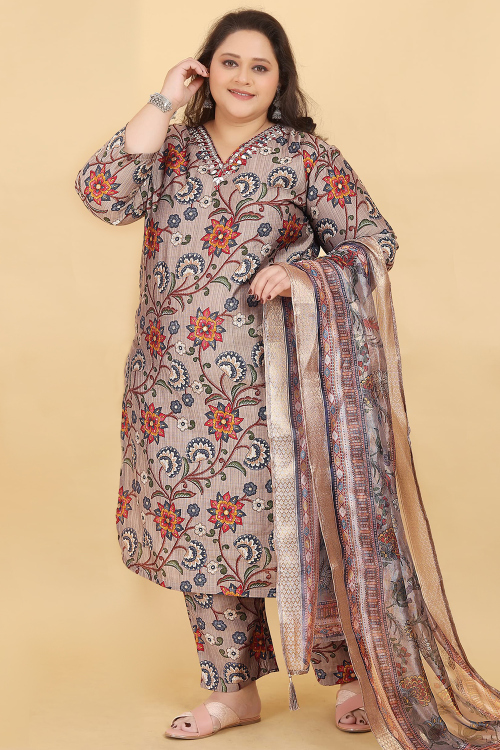 Light Grey Viscose Printed Straight Cut Ready Made Trouser Suit