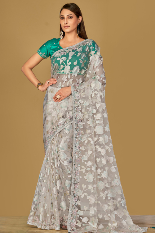 Light Grey Weaved Thread Lightweight Brasso Saree 