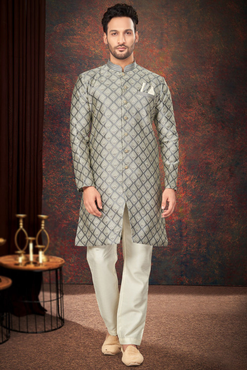 Light Grey Weaved Zari Jacquard Men's Sherwani For Sangeet 