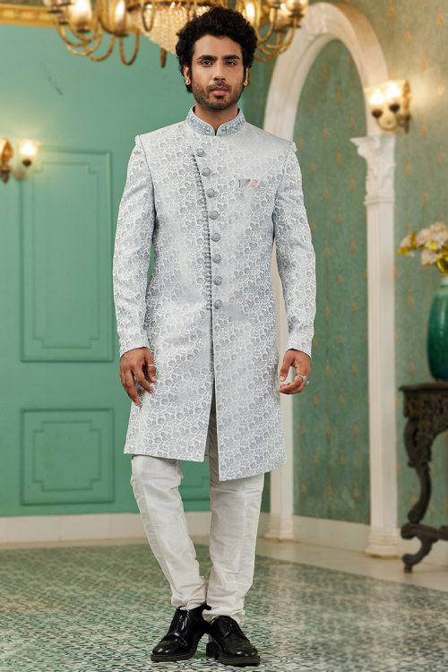 Light Grey Weaved Zari Jacquard Wedding Wear Men's Sherwani 
