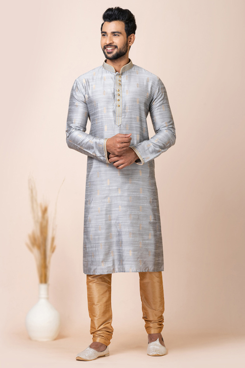 Light Grey Weaved Zari Silk Men's Kurta With Churidar For Sangeet 