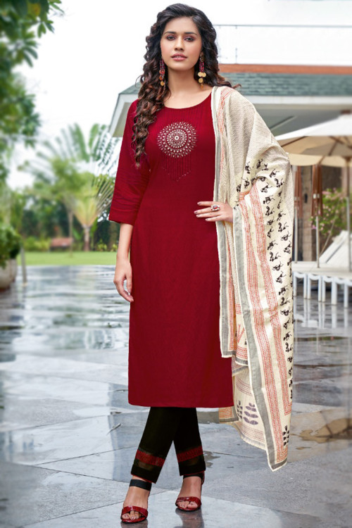 Light Maroon Blended Cotton Embroidered Trouser Suit