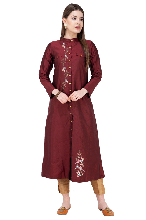 Light Maroon Blue Silk Embroidered A Line Kurti