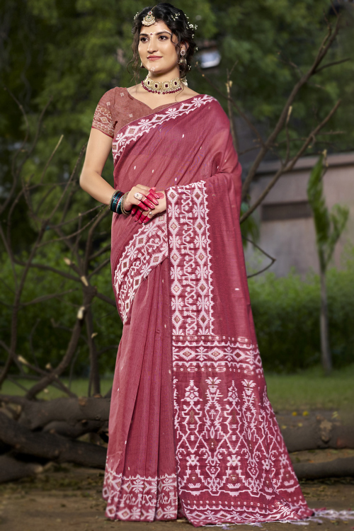 Light Maroon Cotton Woven Zari Casual Wear Saree