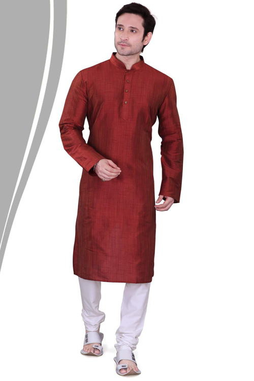 Light Maroon Dupion Silk Men's Straight Cut Kurta with Churidar