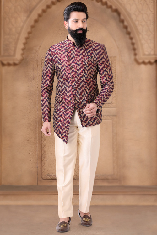 Light Maroon Embroidered Jacquard Asymmetric Men's Coat Pant