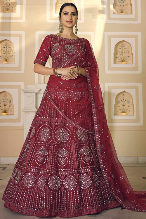 Light Maroon Net Embroidered Lehenga