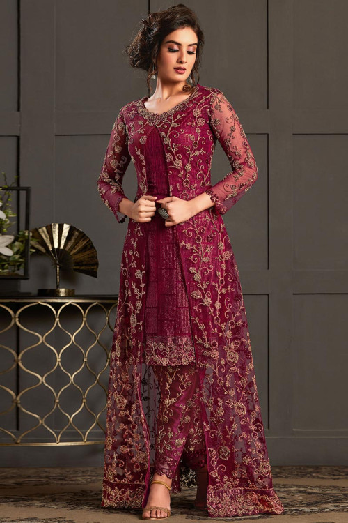 Light Maroon Net Embroidered Trouser Suit