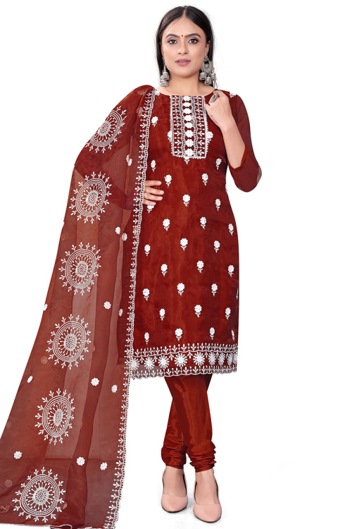 Light Maroon Organza Embroidered Churidar Suit 