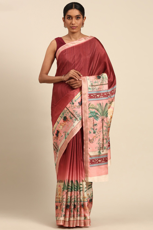 Light Maroon Printed Cotton Casual Wear Saree 