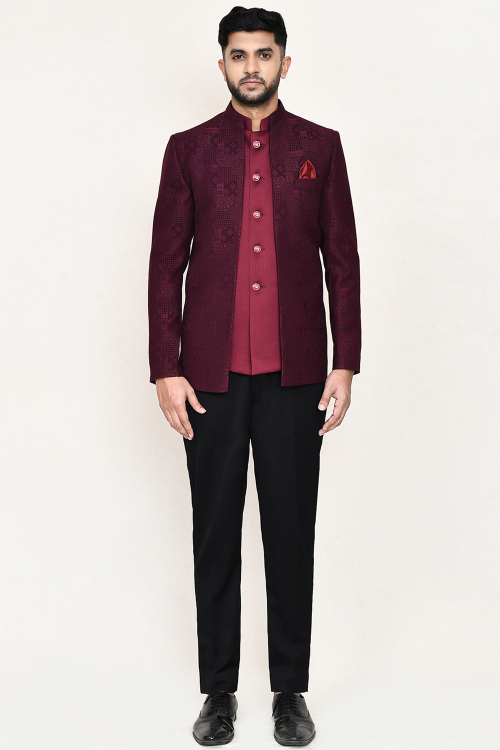 Light Maroon Silk Blend Ready to Wear Men's Sherwani With Weaved Jacket