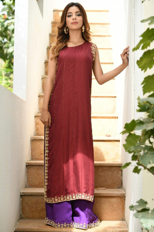 Light Maroon Silk Embroidered Palazzo Suit