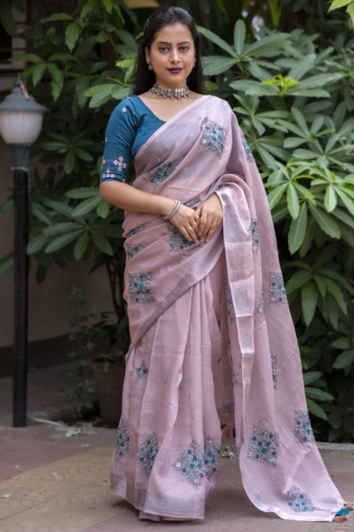 Light Mauve Casual Wear Resham Embroidered Linen Saree