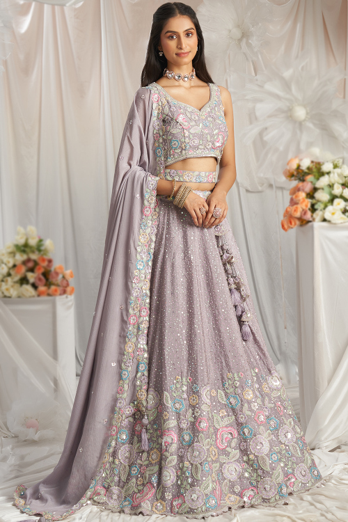Light Mauve Chinnon Resham Embroidered Panelled Lehenga