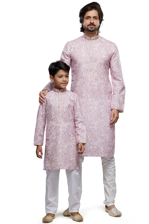 Light Mauve Cotton Printed Father Son Duo Kurta With Churidar