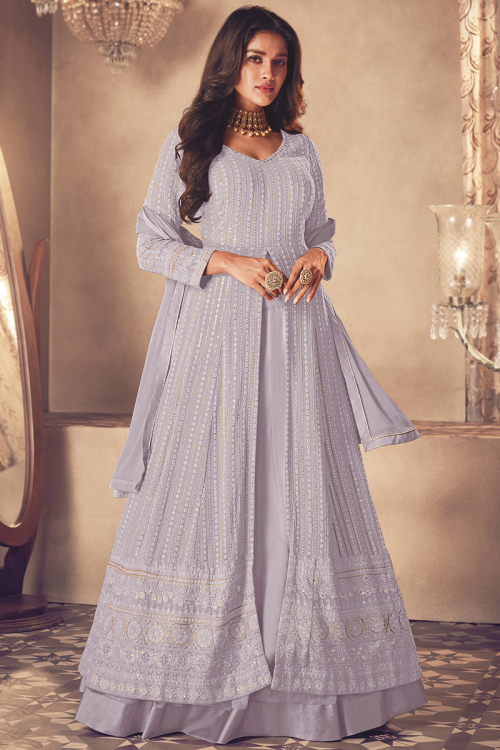 Light Mauve Georgette Embroidered Long Choli Lehenga 