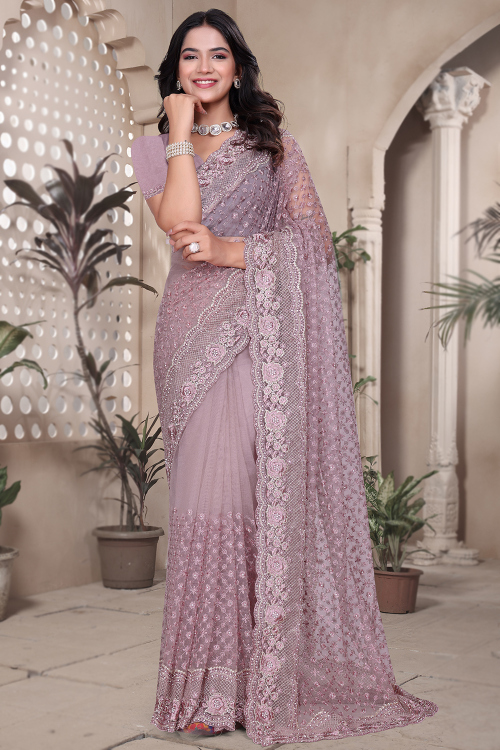 Light Mauve Net Resham Thread Saree