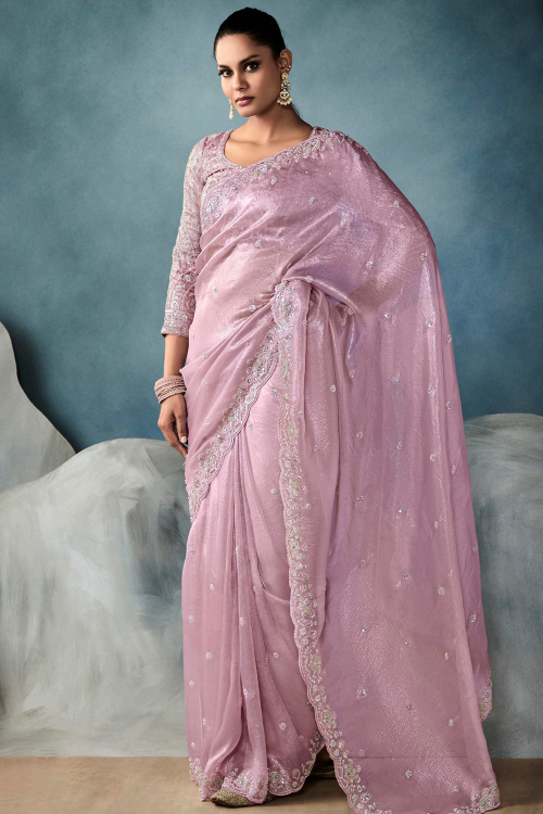 Light Mauve Organza Embroidered Saree For Festival 