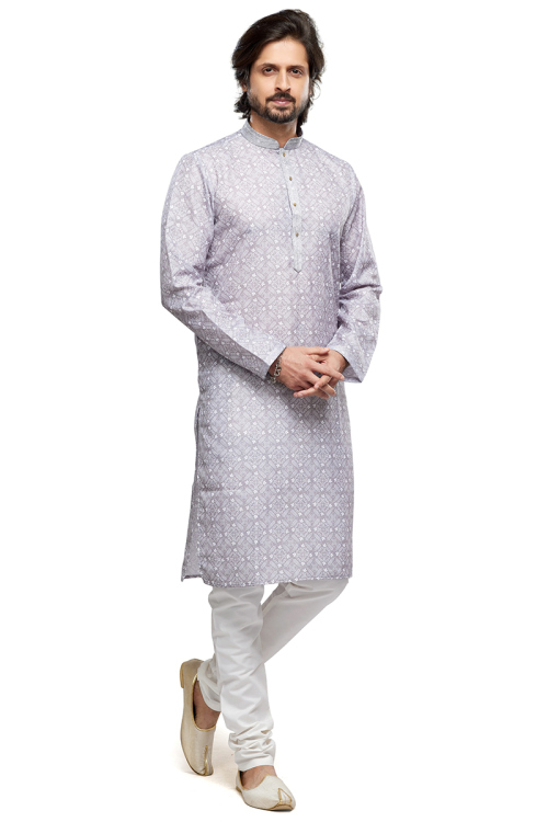 Light Mauve Printed Cotton Men's Kurta With Churidar For Sangeet 