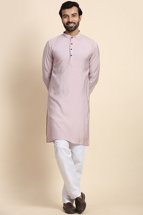 Light Mauve Rayon Plain Straight Cut Men's Kurta Pajama 