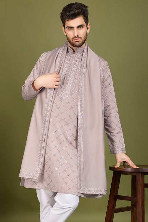 Light Mauve Viscose Silk Men's Kurta With Sequins For Diwali