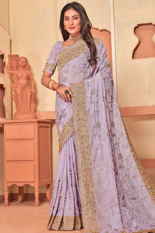 Light Mauve Zari Embroidered Crepe Silk Traditional Saree 