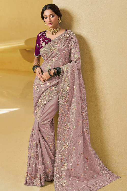 Light Mauve Zari Embroidered Tissue Wedding Wear Saree 