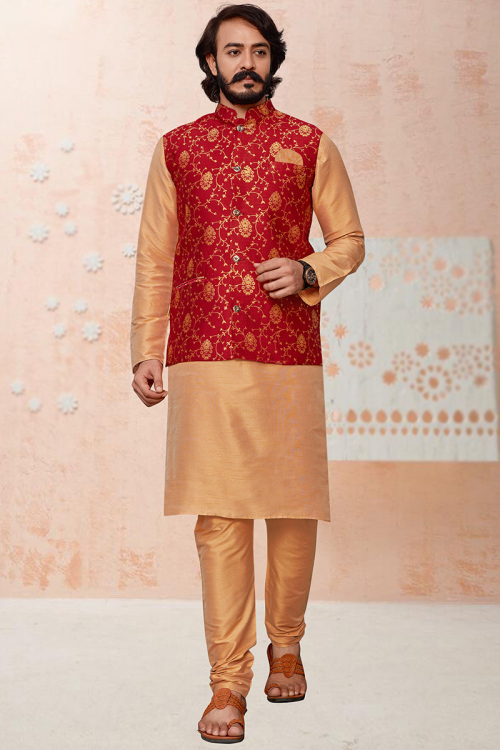 Light Orange Art Silk Kurta Churidar with Jacquard Jacket