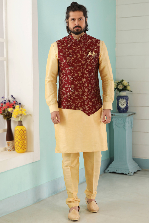 Light Orange Art Silk Plain Men's Kurta Churidar With Waistcoat