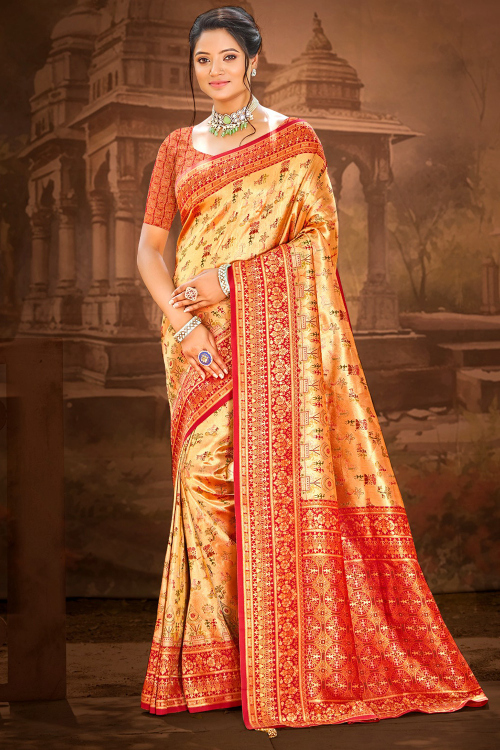 Light Orange Art Silk Saree With Printed Work for Festival