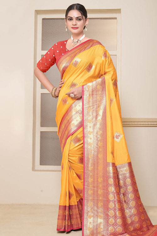 Light Orange Art Silk Weaved Broad Border Saree 