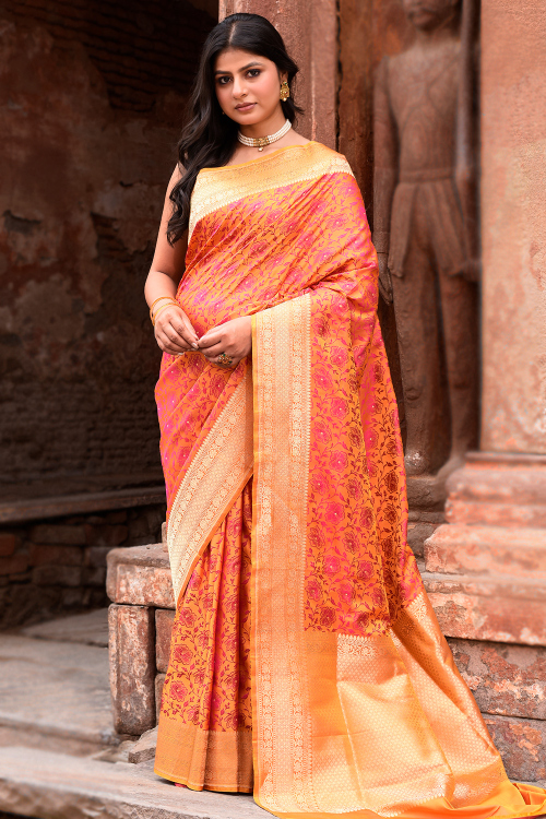 Light Orange Art Silk Weaved Broad Border Saree