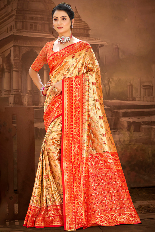 Light Orange Banarasi Style Art Silk Weaved Saree
