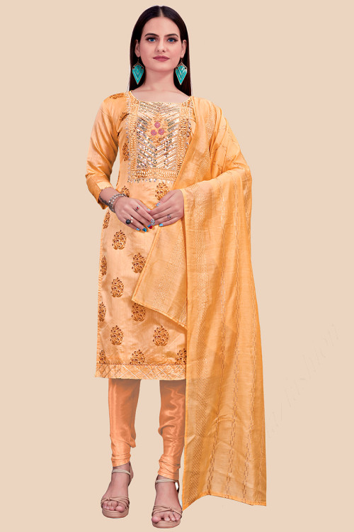 Light Orange Chanderi Silk Embroidered Churidar Suit