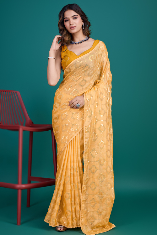 Light Orange Chiffon Sequins Embroidered Shimmer Saree