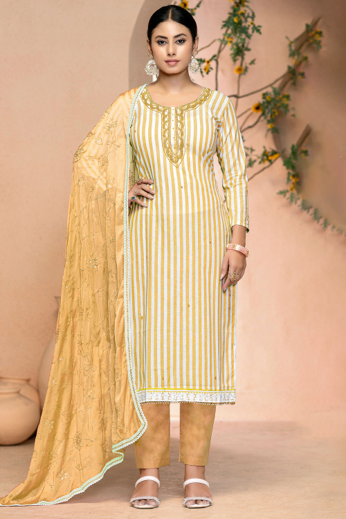 Light Orange Cotton Printed Casual Wear Trouser Suit