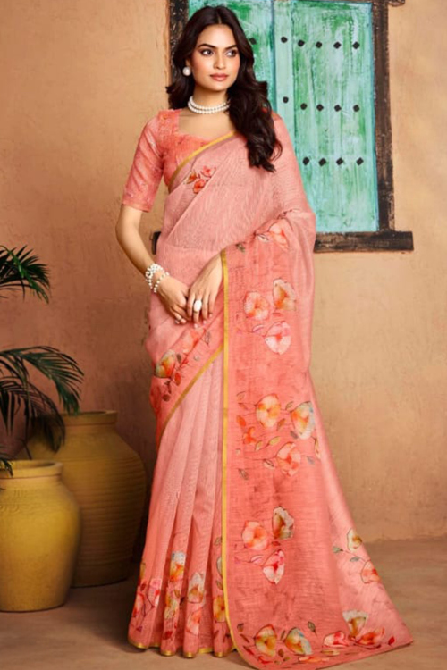 Light Orange Cotton Saree With Printed Work For Casual Wear